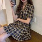 Plaid Double-breasted Short-sleeve A-line Dress As Shown In Figure - One Size