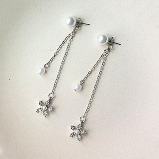 Faux Pearl Rhinestone Flower Dangle Earring E674 - Studded Earring - Silver - One Size