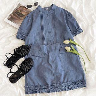 Puff-sleeve Plain Shirt / High-waist Ruffle Trim Mini Skirt