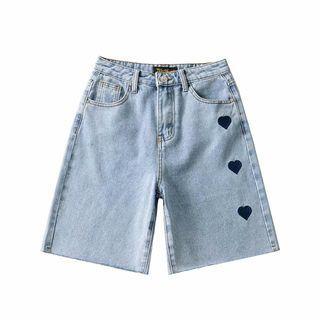 High Waist Heart Print Denim Shorts
