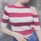 Elbow-sleeve Cut Out Striped Knit Top
