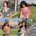 Short-sleeve V-neck Lace-up T-shirt