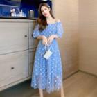 Off-shoulder Dotted Mesh A-line Dress