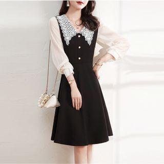 Long-sleeve Panel Lace Collar Midi A-line Dress