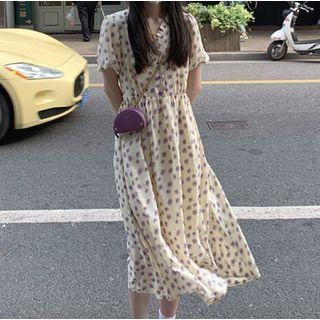 Puff Sleeve V-neck Frill Trim Floral Print A-line Dress