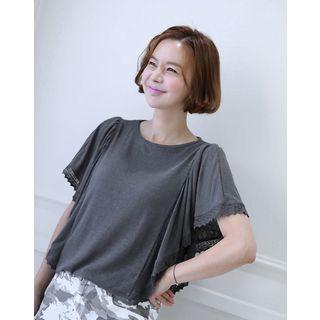 Lace Shirred Batwing-sleeve Linen Blend Top