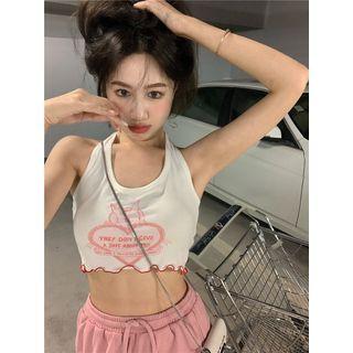 Halter-neck Heart Print Crop Top White - One Size
