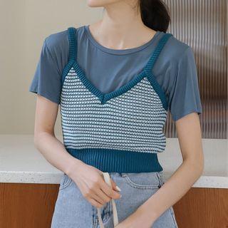 Set: Short-sleeve Plain T-shirt + Knit Camisole Top