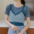 Set: Short-sleeve Plain T-shirt + Knit Camisole Top