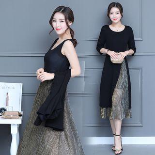 Set: Elbow-sleeve Slit Top + Panel Tank Dress