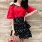 Lace Trim Off Shoulder Elbow Sleeve T-shirt / Dotted A-line Skirt