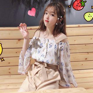 3/4-sleeve Floral Print Chiffon Top / Wide-leg Shorts / Set