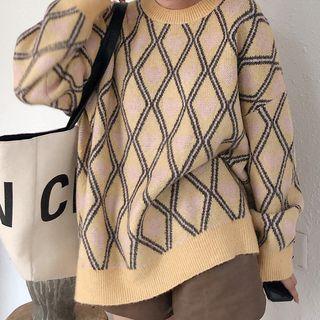Heart & Argyle Print Sweater Yellow - One Size