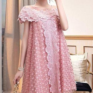 Lace Panel Embroidered Short-sleeve A-line Dress