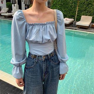 Plain Square-neck Backless Lace-up Long-sleeve Blouse
