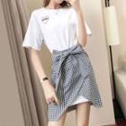 Set: Heart Printed Short Sleeve T-shirt Dress + Plaid A-line Skirt