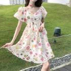 Puff-sleeve Flower Print Crinkled A-line Dress As Shown In Figure - One Size