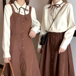 Bow Blouse / Button-up Midi Skirt / Midi Jumper Dress