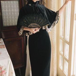 Set: Sequined Cape + Sleeveless Embroidered Qipao