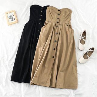 Buttoned Strapless Midi A-line Dress