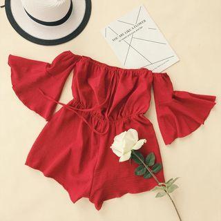 Off-shoulder Flared-cuff Playsuit