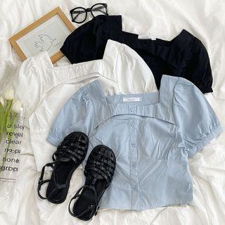 Puff-sleeve Plain Cut-out Cropped Top