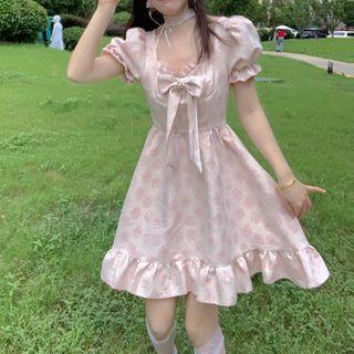 Short-sleeve Square-neck Cherry Blossom Print Dress