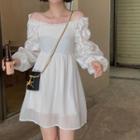 Off-shoulder Ruffle Trim Plain Mini Dress White - One Size
