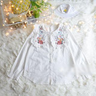 Embroidered Frilled Yoke Long-sleeve Blouse