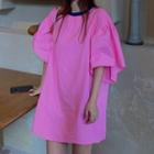 Elbow-sleeve Contrast Trim Mini T-shirt Dress Pink - One Size