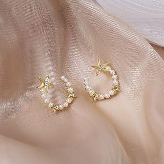 Moon & Star Rhinestone Faux Pearl Open Hoop Earring E4695 - 1 Pair - White - One Size