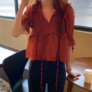 Short-sleeve Frill Trim Chiffon Top Red - One Size