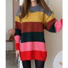 Round-neck Color-block Knit Top Multicolor - One Size