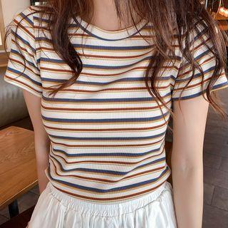 Short-sleeve Striped Ribbed T-shirt Stripes - Yellow & Blue - One Size