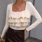 Long Sleeve Square-neck Ruffled Ribbed-knit Crop Top