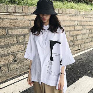 Elbow-sleeve Print Placket Top
