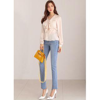 Ruffle-layered Tie-waist Satin Blouse