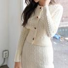 Set: Cable Knit Cardigan + Straight-fit Midi Cable Knit Skirt Ivory White - One Size