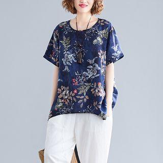 Retro Print Round-neck T Shirt Dark Blue - L
