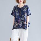 Retro Print Round-neck T Shirt Dark Blue - L