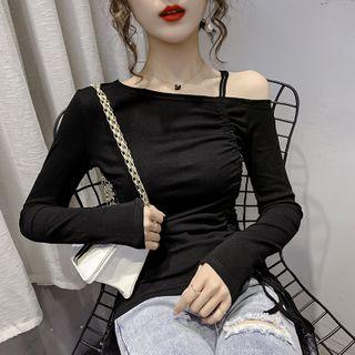 Drawstring Cold-shoulder Long-sleeve T-shirt