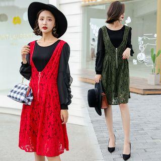 Set : Long-sleeve Top + Lace Sleeveless Dress