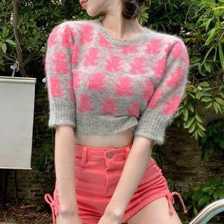Elbow-sleeve Bear Print Knit Crop Top Gray & Pink - One Size
