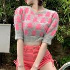 Elbow-sleeve Bear Print Knit Crop Top Gray & Pink - One Size