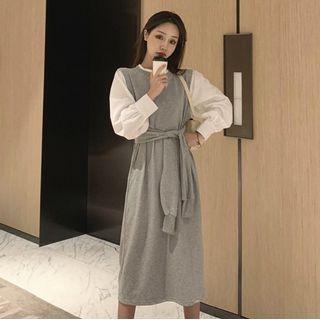 Lantern-sleeve Midi T-shirt Dress Gray - One Size