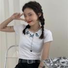Short-sleeve Butterfly Embroidered T-shirt White - One Size