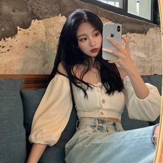 Puff-sleeve Cropped Knit Blouse Off-white - One Size