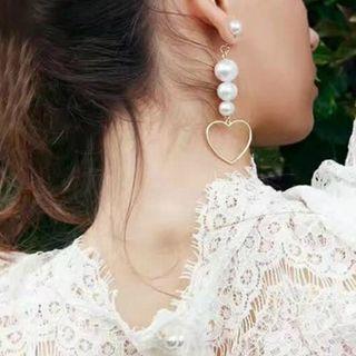 Faux-pearl Heart Drop Earring 072 - 1 Pair - Earring - Platinum - One Size