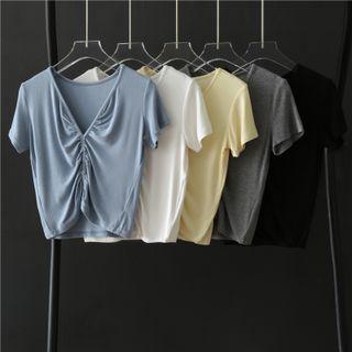 Short-sleeve V-neck Shirred Cropped T-shirt