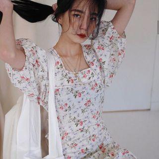 Floral Puff-sleeve Maxi A-line Dress Milky White - One Size